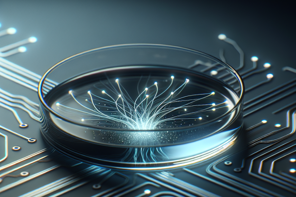 Petri dish neural network over circuit board illustrating brain cells vs machine learning