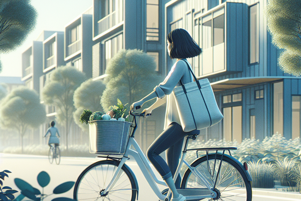 Person cycling through a leafy city street, reusable bag of produce, sustainable lifestyle happiness